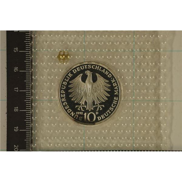 1992-D GERMAN SILVER PROOF 10 MARK. IN ORIGINAL