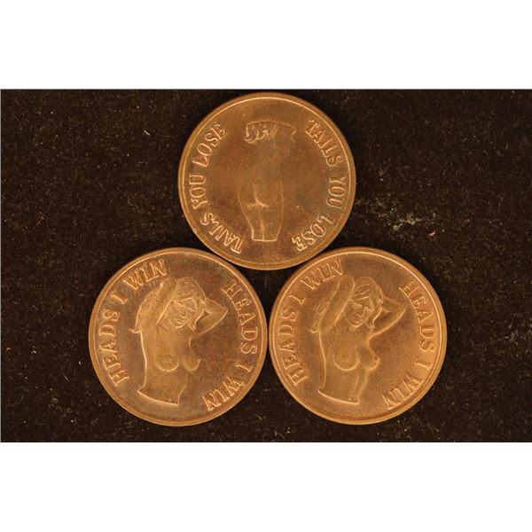 3 ADULT THEMED 1" METAL FLIPPER TOKENS. OBVERSE