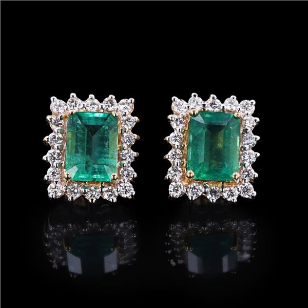 2.99 ctw Emerald and 0.66 ctw Diamond 18K Yellow Gold Earrings
