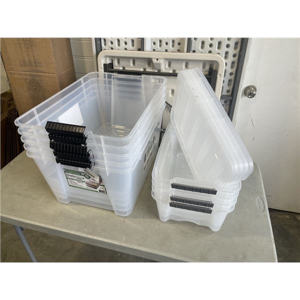 5 CLEAR PLASTIC TOTES WITH LIDS