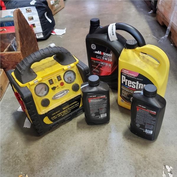 ASSORTED OIL AND COOLANT, BATTERY JUMP PACK, OIL IS SEALED