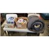 Image 1 : SLEEPING BAG, CAMP STOVE, AND BOX OF FISHING ACCESSORIES