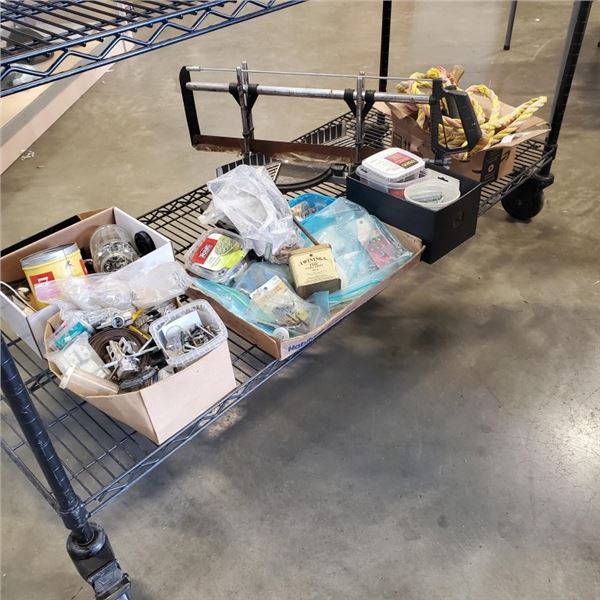 ASSORTED HARDWARE, MITRE SAW, TOW ROPE AND HAMMERS, HAND TOOLS ETC