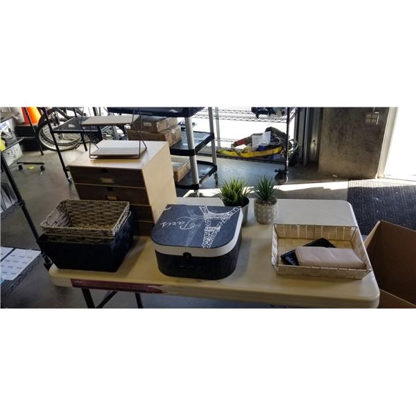 PAIR OF 2 DRAWERORGANIZERS WITH FAUX PLANTS AND DECORATIVE TRAYS