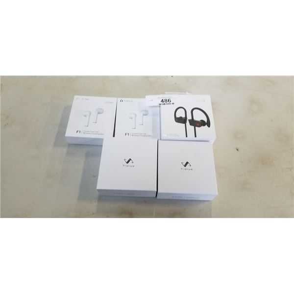 5 PAIRS OF TRANYA WIRELESS HEADPHONES, 2 T10B, 2 F1, AND X2