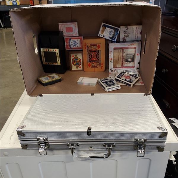 CASED POKER SET, CARDS, SHUFFLER ETC