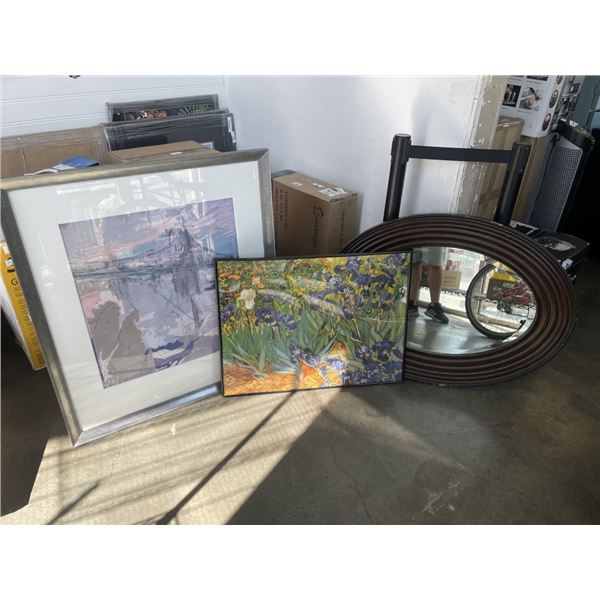LARGE WALL MIRROR AND 2 FRAMED PRINTS
