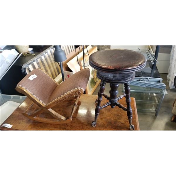 ANTIQUE PIANO STOOL AND KIDS ROCKER CHAIR