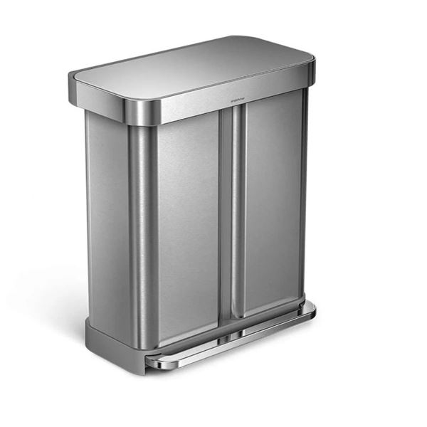 SIMPLE HUMAN 58L DUAL COMPARTMENT TRASH AND RECYCLING BIN, MODEL CW2209, AS NEW, RETAIL $239