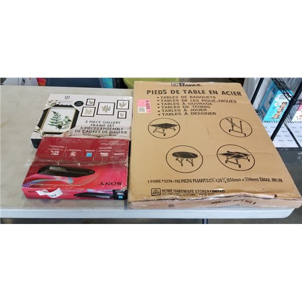 NEW FOLDING TABLE LEGS, 5PC FRAME SET AND SONY DVD PLAYER IN BOX