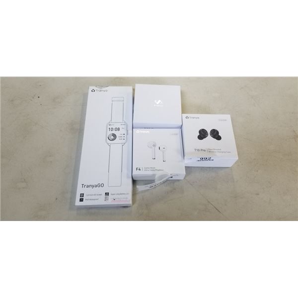 TRANYA GO SMARTWATCH, AND 3 PAIRS OF WIRELESS HEADPHONES, F4 AND 2 T10PRO