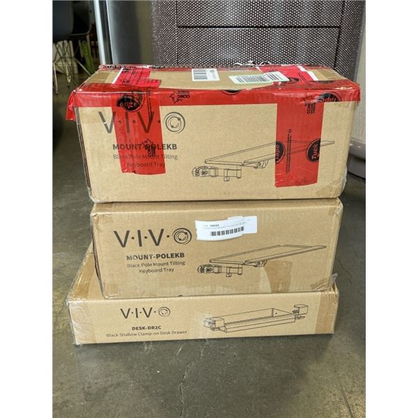2 VIVO POLE MOUNT TILTING KEYBOARD TRAYS, AND UNDER DESK CLAMP ON DRAWER