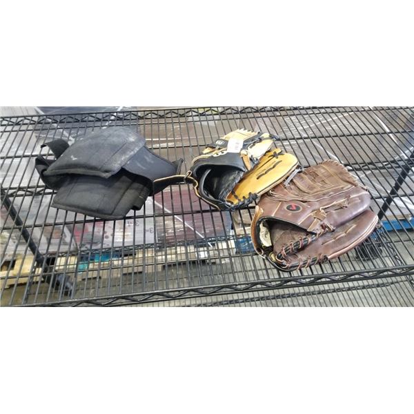 (2) BASEBALL GLOVES, KNEE PADS AND STATUE