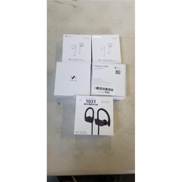 5 PAIRS OF TRANYA WIRELESS HEADPHONES, 2 T10B, 2 F1, AND X2