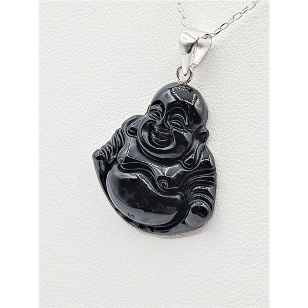 STERLING SILVER 'SMILING BUDDHA' BLACK ONYX (21.43CT) PENDANT WITH STERLING SILVER CHAIN, W/A $400.0