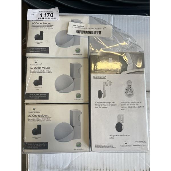 6 WASSERSTEIN AC OUTLET MOUNTS - 3 FOR GOOGLE NEST MINI AND 3 FOR ECHO DOT - TOTAL RETAIL $132
