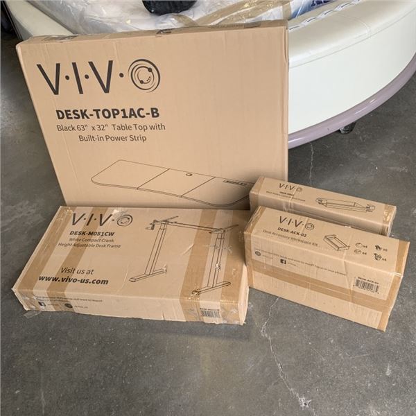 BRAND NEW VIVO ADJUSTABLE HEIGHT DESK, 63X32 INCH TOP WITH BUILT IN POWER STRIP, DESK ACCESSORY WORK
