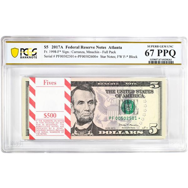 Pack 2017A $5 Federal Reserve STAR Notes Atlanta Fr.1998-F* PCGS Superb Gem UNC 67PPQ