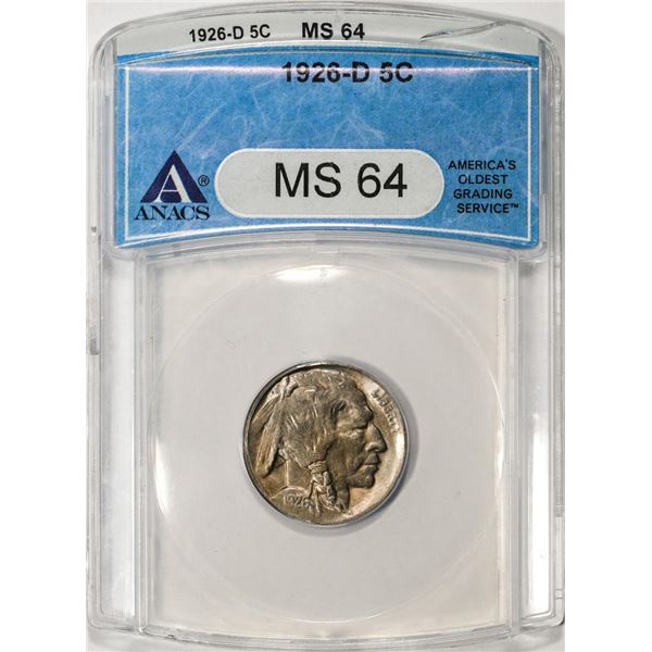 1926-D Buffalo Nickel Coin ANACS MS64