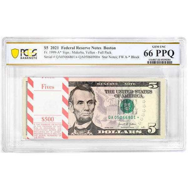 Pack of 2021 $5 Federal Reserve STAR Notes Boston Fr.1999-A* PCGS Gem UNC 66PPQ
