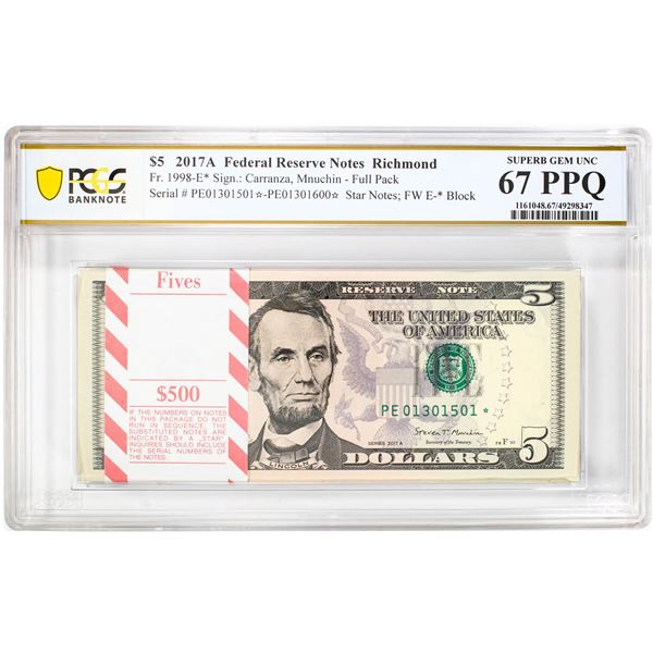 Pack of 2017A $5 Federal Reserve STAR Notes RCH Fr.1998-E* PCGS Superb Gem UNC 67PPQ