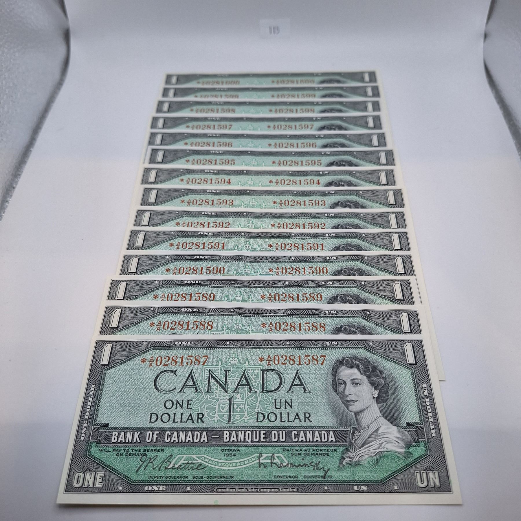 1954 Modified $1 Canadian Banknote Set of 14 *A/A Replacement Notes ...