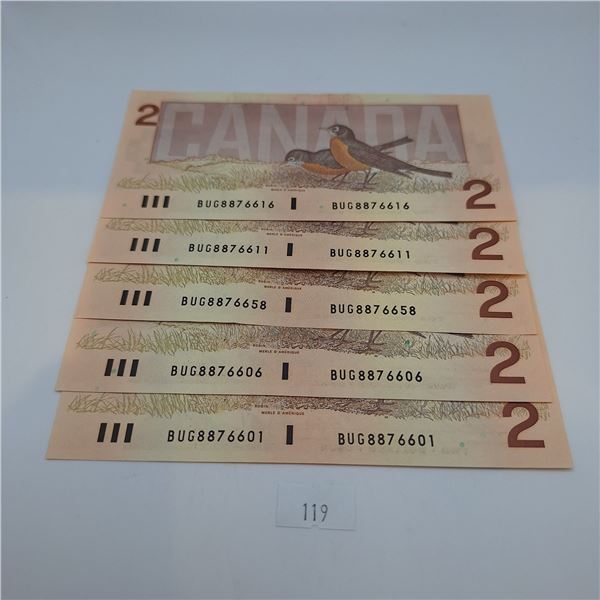 5 $2 Canadian Banknotes