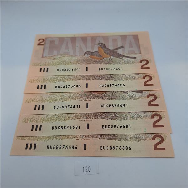 5 $2 Canadian Banknotes