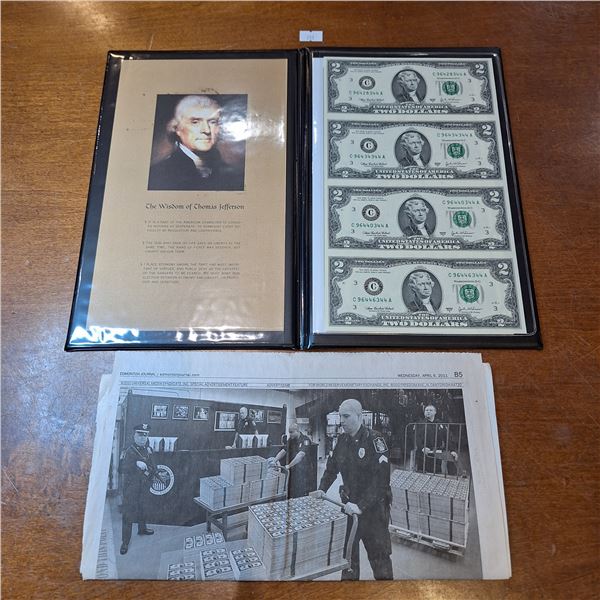 Bankers Vault Portfolio with Uncut Sheet of 4 American $2 Bills and Newspaper Clipping
