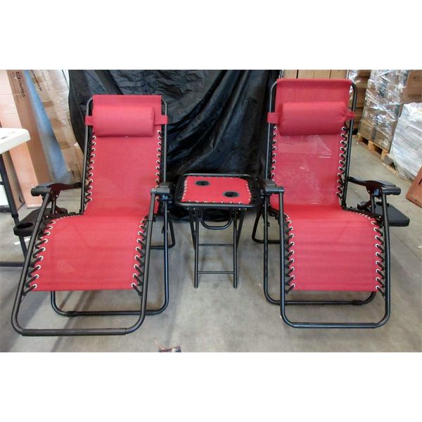 2 New Red Zero Gravity Lounge Chairs with Side Table