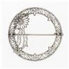 Image 2 : Antique Art Deco 14k White Gold Filigree Circle Wreath Floral Ribbon Brooch Pin