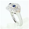Image 2 : Vintage 14k White Gold 0.25 ctw Round Diamond & Sapphire Floral Oval Platter Rin