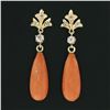 Image 2 : Antique 18K Gold 0.25 ctw European Diamond Orange Coral Tear Drop Dangle Earring