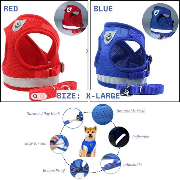 NEW X-LARGE RED & BLUE PET HARNESS + LEASH SET