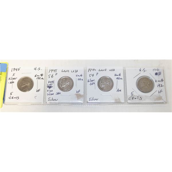 USA 5 CENTS SILVER 1945 X 2 + 1944 - 1941 COINS