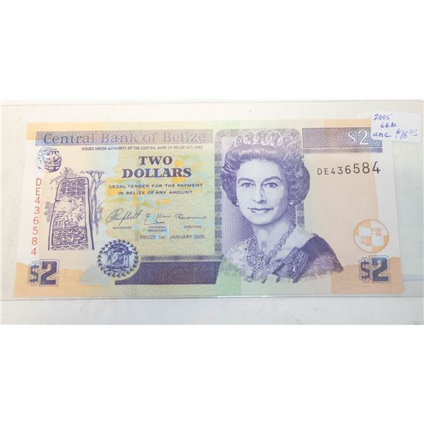 2005 UNCIRCULATED BELIZE TWO DOLLAR BILL