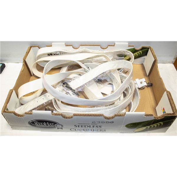 LARGE FLAT OF WHITE BELTS - VARIOUS STYLES