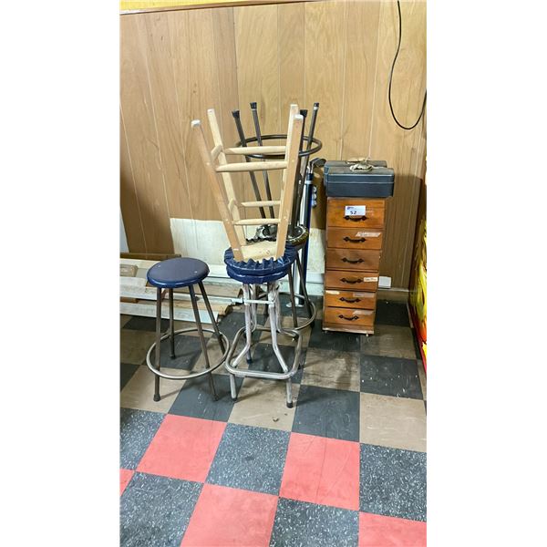 6 DRAWER WOODEN MOBILE CABINET, 2 METAL TOOL BOXES & 5 ASSORTED STOOLS