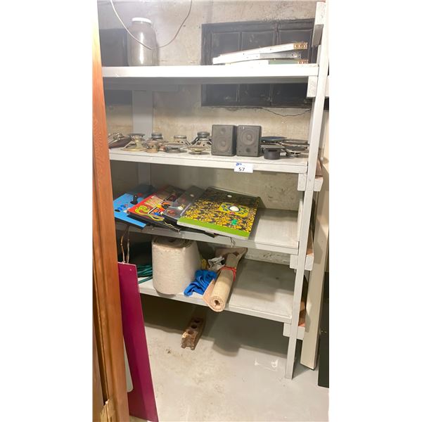 SHELF OF ASSORTED ARCADE MACHINE SPEAKERS, JOYSTICK SURFACES, & GLASS PARTS