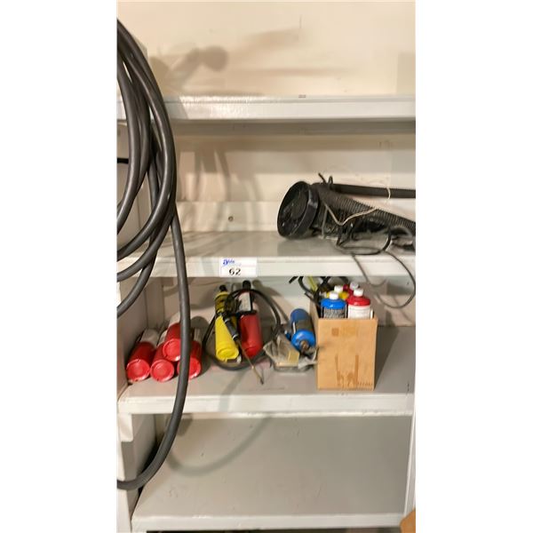 SHELF OF ASSORTED HOSES, ELECTRIC SUB PUMP & TORCHES / BOTTLES