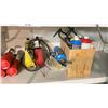 Image 2 : SHELF OF ASSORTED HOSES, ELECTRIC SUB PUMP & TORCHES / BOTTLES