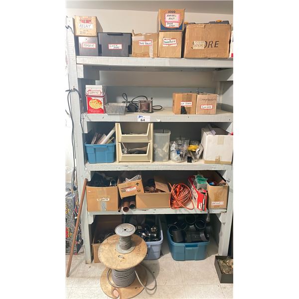 SHELF OF ASSORTED PLUMBING HARDWARE, DOOR PARTS, & HAND TOOLS