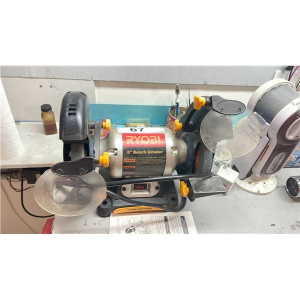 RYOBI 6" INDUSTRIAL ELECTRIC BENCHTOP DUAL GRINDER, ASSORTED ELECTRIC FANS, BLOW DRYERS & CONTENTS
