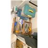 Image 2 : DESK OF ASSORTED PAINTING TOOLS, TOOLBOX WITH CONTENTS, & BINS OF TROWELS