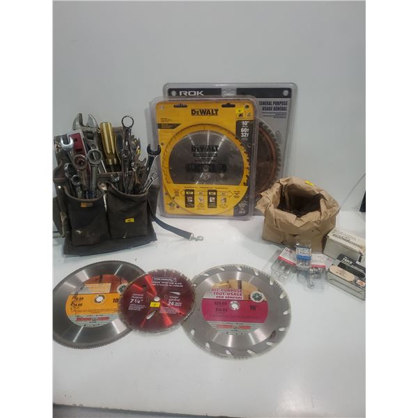 Tool bag with assorted tools, Saw Blades, and Screws