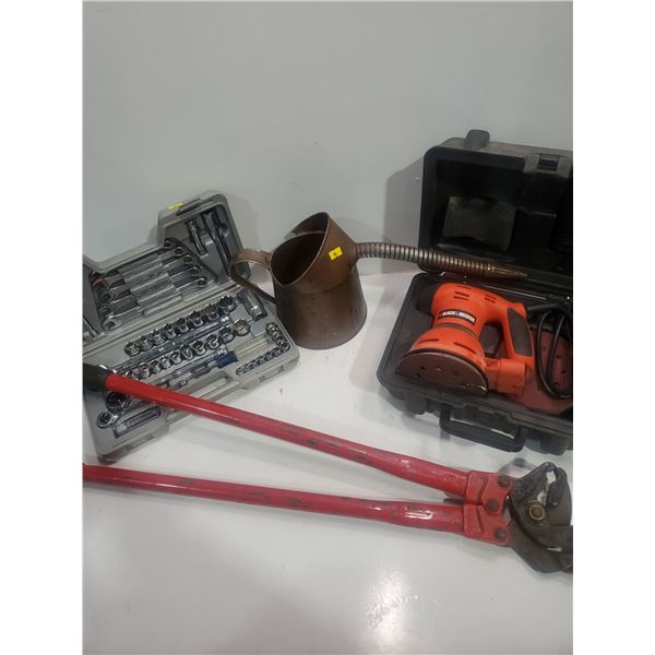 Socket Set, Orbatal sander, Vintage oil can, Bolt-Cutters
