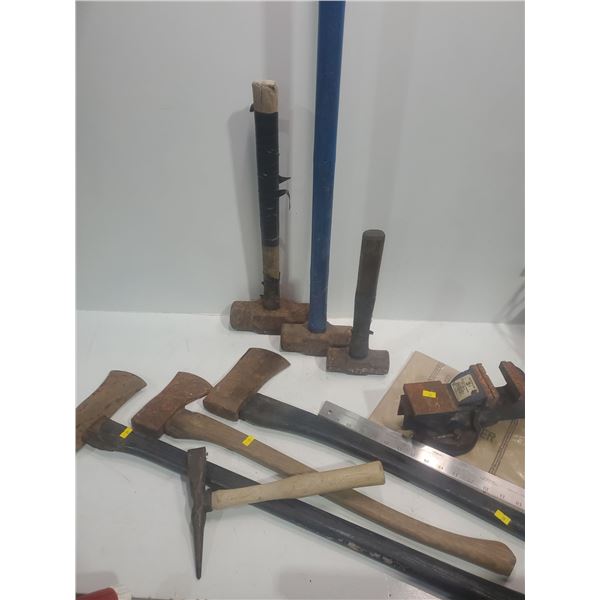 Rust Bucket Special Assorted Axes Sledgehammers Swivel Base Vice & More