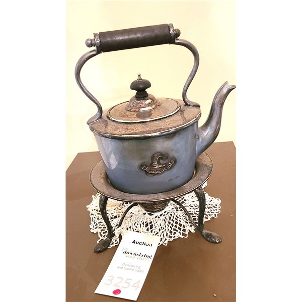 Latin Inscribed Metal Teapot and Warmer A