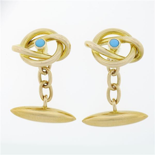 Antique Mens 18k Yellow Gold Bezel Round Turquoise Polished Love Knot Cuff Links
