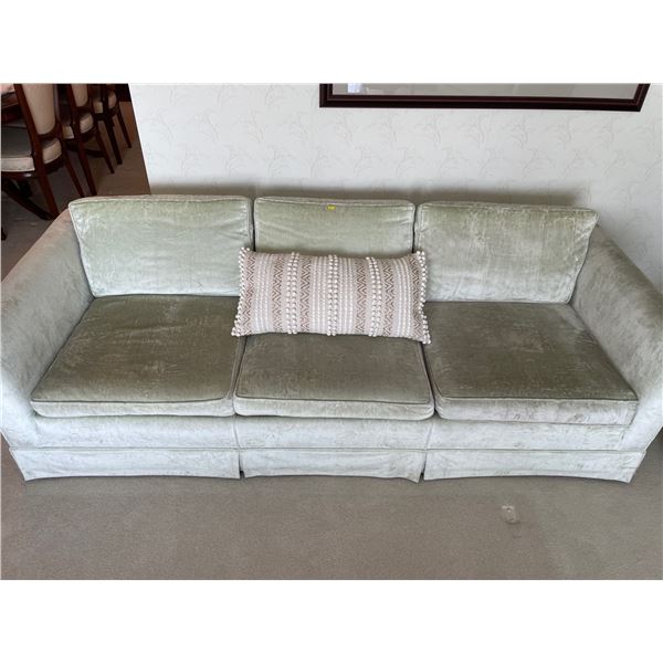Vintage Mint Green Velvet 3 Seat Sofa w/ Decorative Pillow